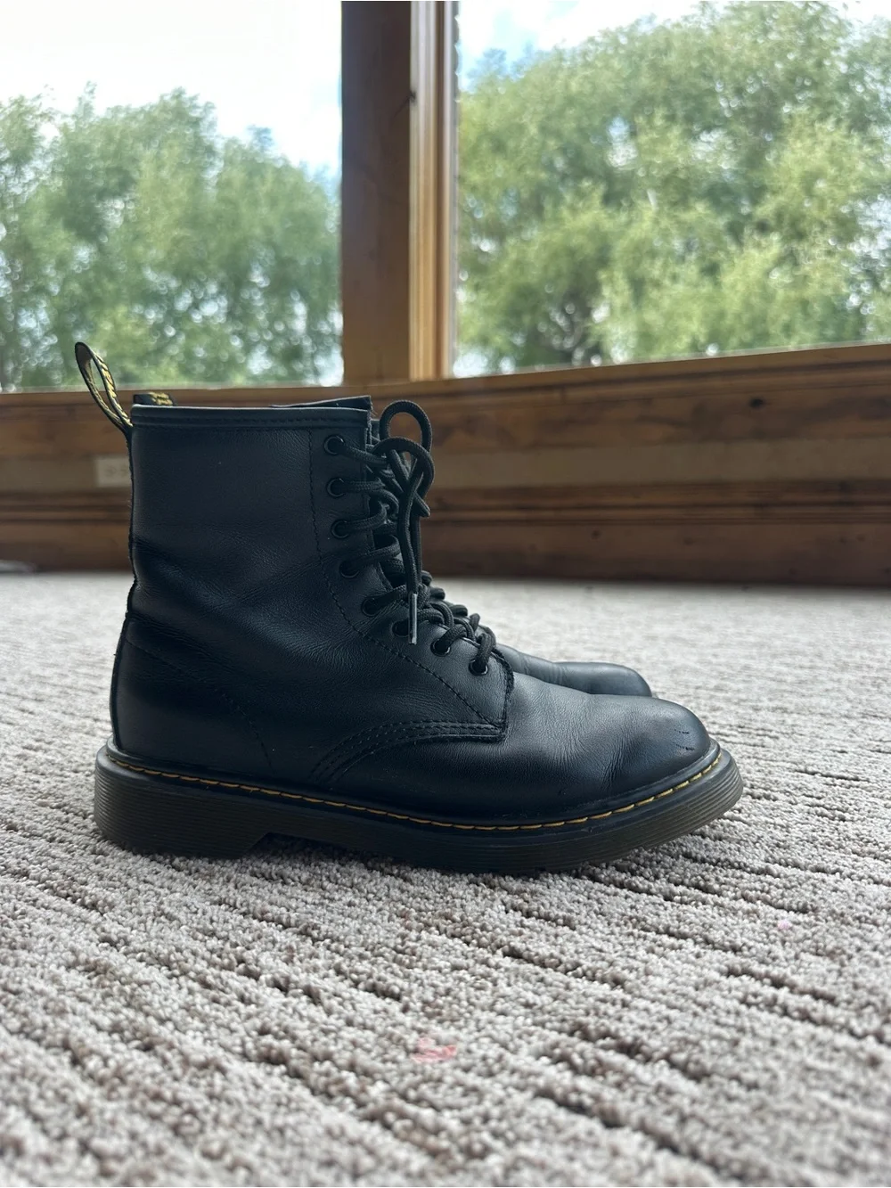 Dr. Martens Black Leather Lace-Up Ankle Boots with Yellow Stitching